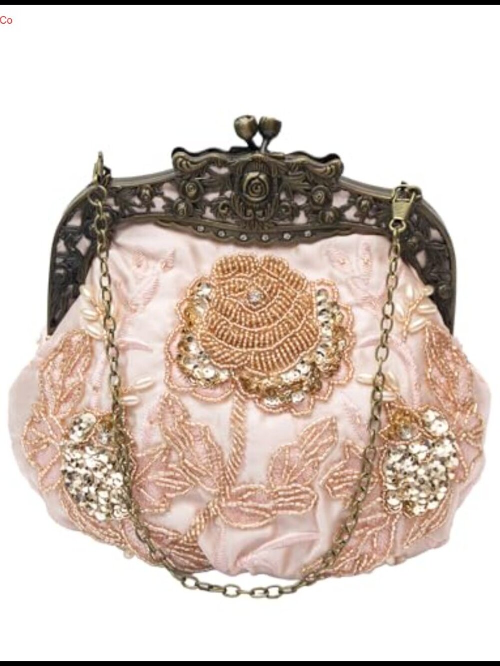 Beaded Rose Evening Clutch Kiss Lock Purse with 2 Chains Women
